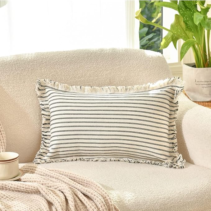 Throw Pillow Covers 12x20 Set of 2 Striped Pillow Covers with Fringe Chic Cotton Decorative Pillows Square Cushion Covers for Sofa Couch Bed Living Room Farmhouse Decor, (Black)