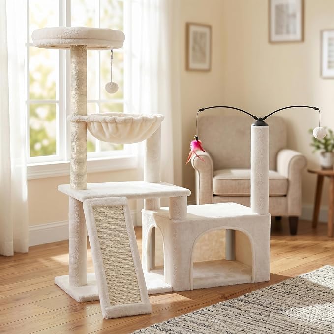 YUNIQUE Multi-Functional Cat Tree Tower, Big Cat Condo with Scratching Board, Rotating Toy & Deep Hammock, Luxury Perch Kitty Furniture for Indoor Cats (White)