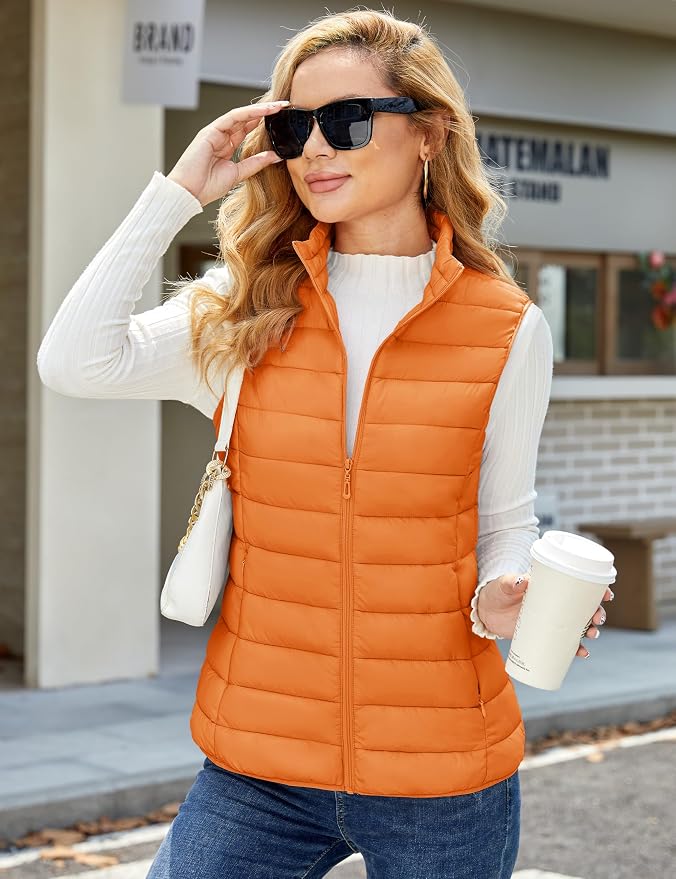 MAGCOMSEN Women's Puffer Vest Lightweight Stand Collar Zip 4 Pockets Puffy Vests Sleeveless Quilted Padded Outerwear