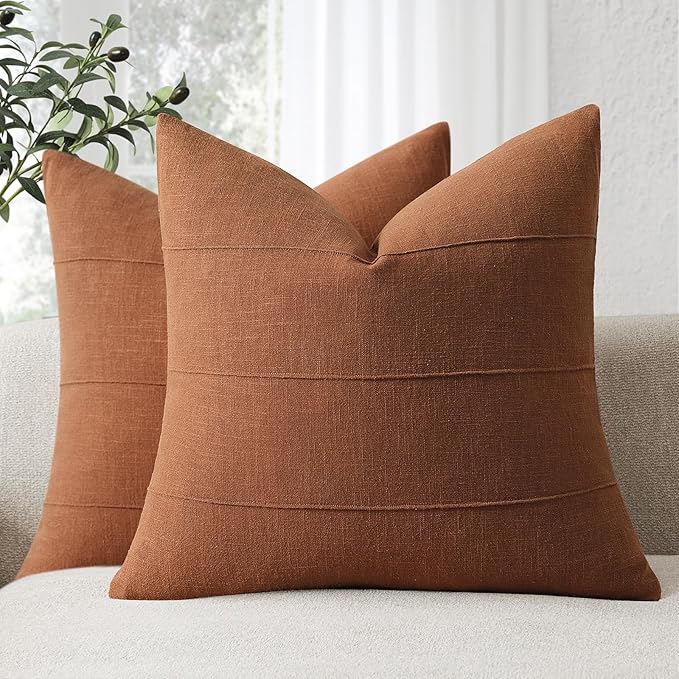 Decorative Linen Throw Pillow Covers 20x20 Set of 2 Solid Handcrafted Striped Cushion Covers for Bed Soft Modern Farmhouse Neutral Pillowcase for Couch Bedroom Living Room Home Decor(Rust)