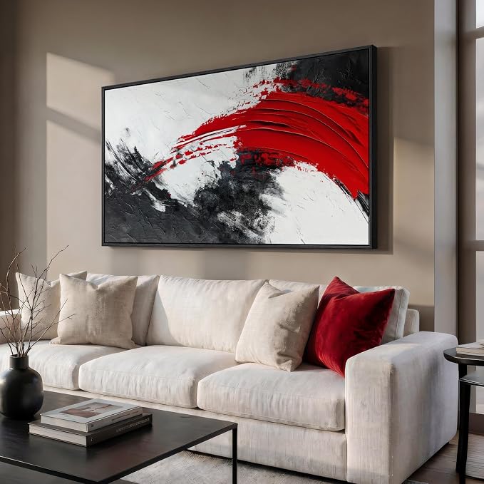 Extra Large Framed Red Black and White Abstract Wall Art for Living Room, Oversized Modern Horizontal Canvas Prints Artwork for Walls, Minimalist Pictures for Bedroom Office Hallway Wall Decor 30x60 In
