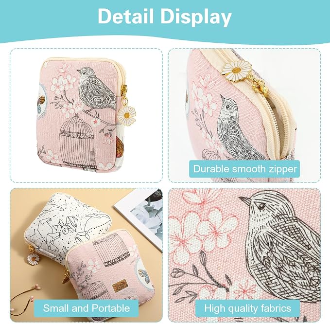 Amabro Sanitary Napkin Storage Bag, 2PCS Period Bags Cute Sanitary Pad Storage Pouch Tampon Pantyliners Menstrual Purse Daisy Zipper for Women Teen Girls School Travel Feminine Product(Bird)