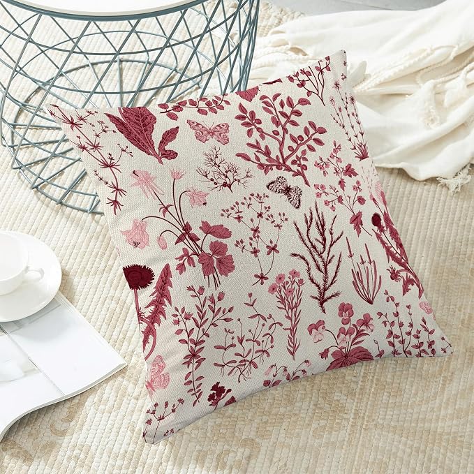 Christmas Pillow Covers 20x20 Inch Set of 2,Burgundy Red Wild Flower Plant Throw Pillows Case,Seasonal Floral Outdoor Decorative Square Linen Farmhouse Decor Cushion Covers for Home Sofa bed Couch