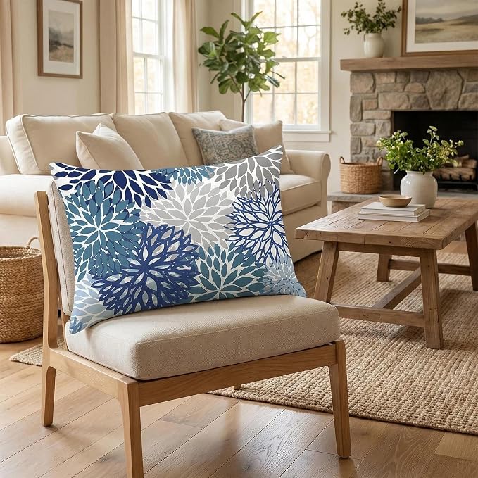 COMMINY Blue Grey Lumbar Pillow Covers 12x20 Set 6 Linen Throw Cover | Daisy Dhalia Pattern, Lumbar Pillow Size, Breathable Linen, hidden zipper, Bed Bench Office Chair, modern farmhouse decor
