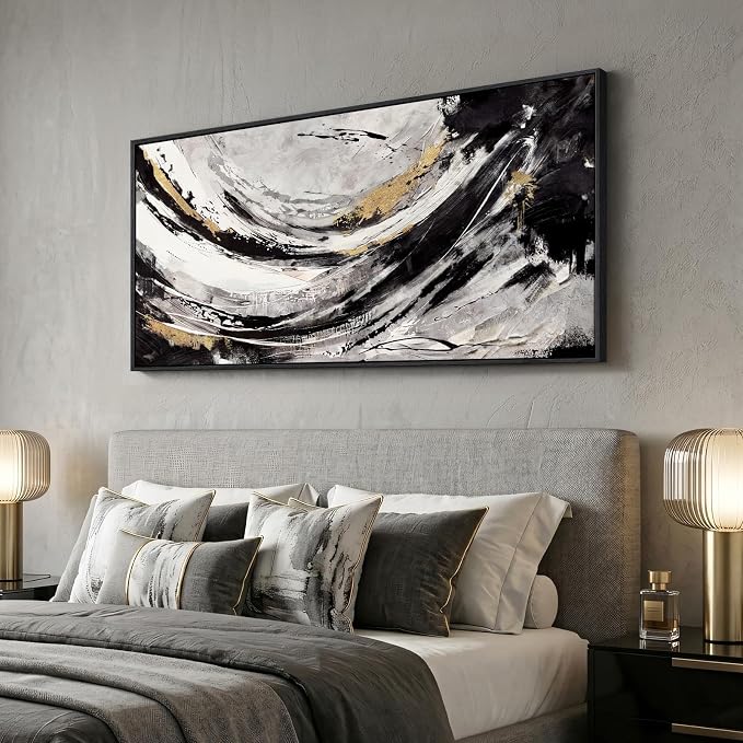 Large Framed Abstract Wall Art for Living Room, Horizontal Black Gold and White Canvas Painting Print Artwork for Walls, Modern Neutral Minimalist Pictures for Bedroom Office Wall Decor, 30x60 In