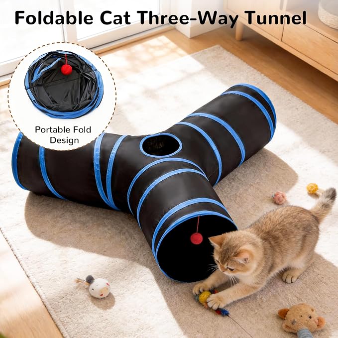 Tempcore Cat Tunnel, 3-Way Collapsible Toy, Large Size Black & Royal Blue