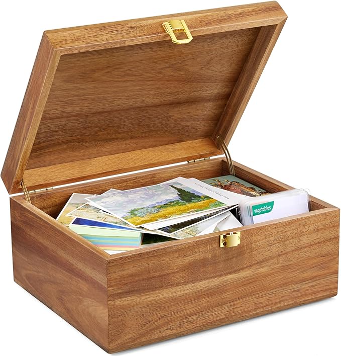DRASTAR Wooden Keepsake Box, Large Acacia Storage Memory Box with a Hinged Lid for Crafts and Photo Storage