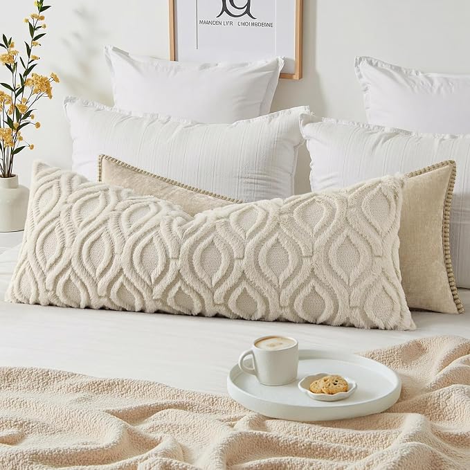 decorUhome Fall Lumbar Plush Soft Beige Throw Pillow Cover 14x36 | Wool Solid Fall Couch Pillow Cover, Accent Modern Farmhouse Neutral Decorative Square Pillow Case for Sofa Bed Living Room