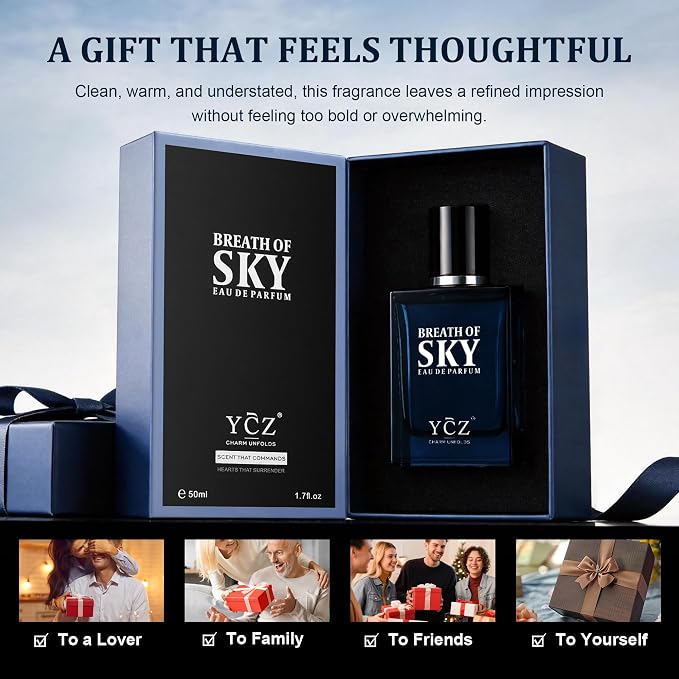 Ycz SKY Cologne for Men, 1.7oz Long-Lasting Eau de Parfum -Aromatic Woody Scent with Orange Blossom & Rose, Amber & Cedarwood Base, Fresh Masculine for Daily Wear, Date Night & Special Occasions