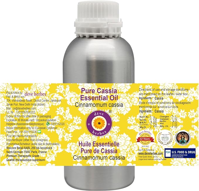 dève herbes Cassia Essential Oil (Cinnamomum Cassia) Pure | Non-Sticky | Non-Greasy | Lightweight | Men & Women | All Skin Types | Steam Distilled 300ml (10 oz)