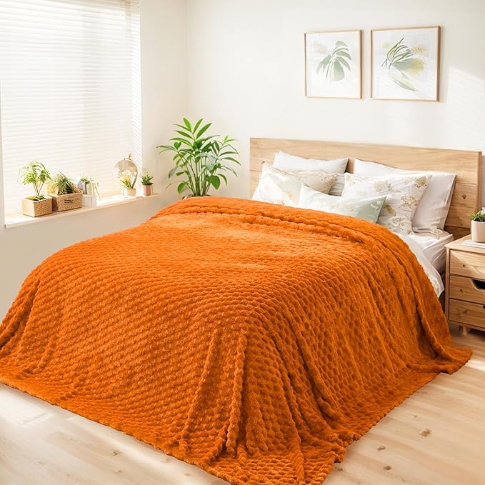 Vessia Flannel Fleece King Size Bed Blanket(108x90 inch), 3D Jacquard Burnt Orange Fuzzy and Warm Blanket for Adults, 300GSM Super Soft Touch Cozy Lightweight Home Decor for All-Season
