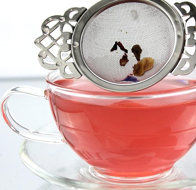 SOLSTICE TEA TRADERS Empress Tea Strainers with Drip Bowls (Pack of 2) Elegant Stainless Steel Loose Leaf Tea Strainers
