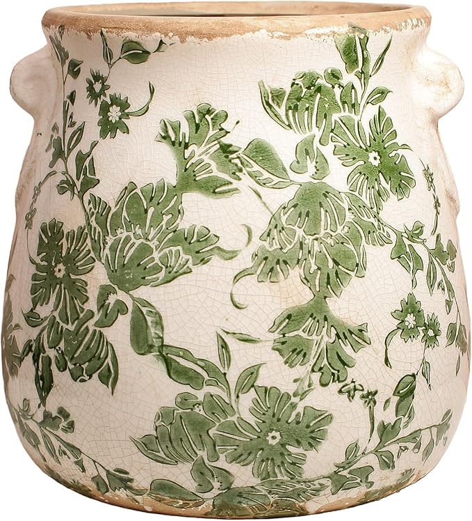 Ceramic Flower Vase, Cottagecore Vases & Planting Pots with Drainage | 6.68" Retro Farmhouse Indoor Plant Pots, English Cottage Decor for Kitchen Dining Table Living Room Bookshelf, Green