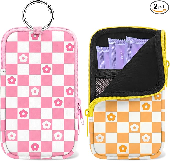 2 Pack Portable Tampon Holder Zippered Pouch with Snap Hook, Waterproof Travel-Friendly Discreet Period Bag, Feminine Products Organizer for Women Purse (Flower Plaid)