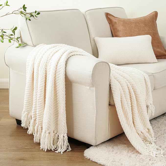 BATTILO HOME Cream Ivory Throw Blanket for Couch, 60"x80" | Textured Knitted Throw Blanket with Tassels, Couch Cover Blanket Warm Decorative White Throw Blankets for Sofa Living Room
