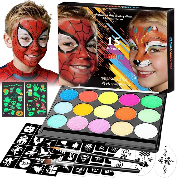 Face Paint Kit, 15 Color Face Painting Palette, with 2 Brushes 34 Stencils, 3 Reusable Stencils, 2 Stickers, Washable Face Paints for Kids Adults Halloween Party Carnival