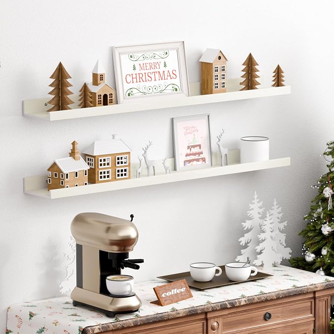 upsimples Floating Shelves for Wall Decor and Storage, White, 6Pcs 35.5'' | Wall Mounted Wood Shelves for Living Room, Bedroom, Kitchen, Office, Nursery Room, Coffee Bar Display and Organize