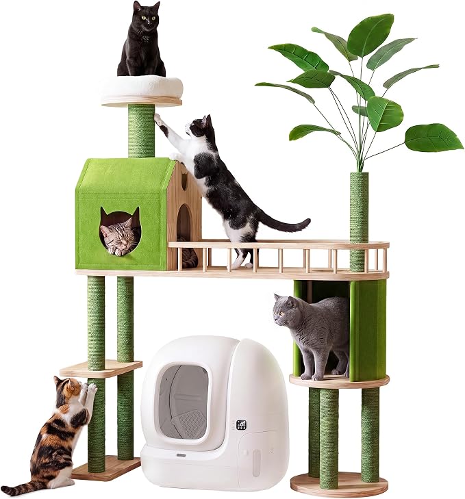 Wood Cat Tower for Self-Cleaning Litter Box, with Faux Plant, 58In | Multi-Level Cat Tree for Adult Large Cats, with Cozy Plush Bed, House, Scratching Posts, Cat Furniture for Indoor Cats, Green