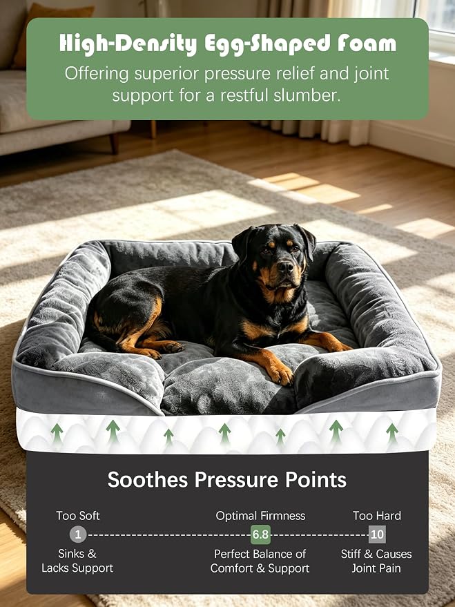 Spotted Play Orthopedic Dog Bed with Sides - Dog Sofa Beds for Extra Large Dogs, Supportive Foam Pet Couch Bed with Washable Removable Cover, Waterproof Lining and Non-Slip Bottom, Grey - XL