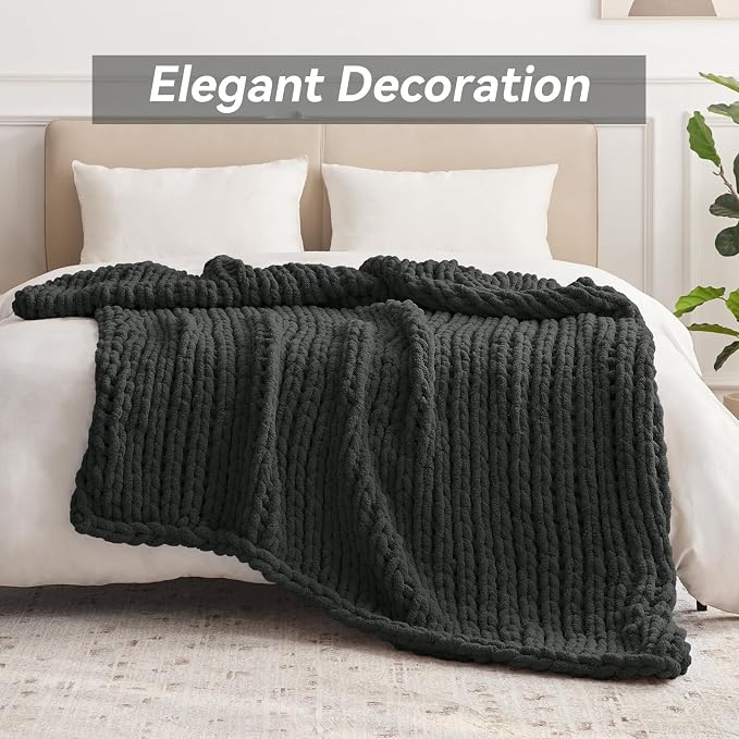 Negwoo Chunky Knit Throw Blanket, Knitted Throw Chenille Yarn, 30"*40" | Soft Thick Cable Knitted Blankets, Handmade Big Thick Blanket, Machine Washable Cute Comfy Blanket for Home Decor, Dark grey