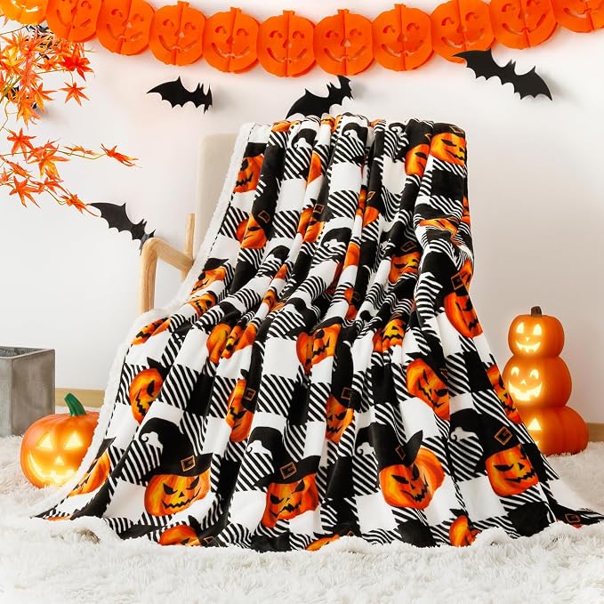 Halloween Blanket Twin Size 60" X 70"，Pumpkin Sherpa Fall Fuzzy Fluffy Soft Cozy Blankets, Fleece Flannel Plush Microfiber Throw for Couch Bed Sofa, Halloween Decor (BlackHalloween)