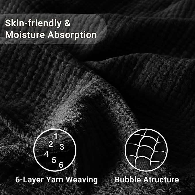 100% Cotton Muslin Blanket Queen 90" x 90", 6 Layers Breathable and Lightweight Cotton Throw Blankets for Bed, Soft Cooling Summer Gauze Blanket for Adults All Season, Black