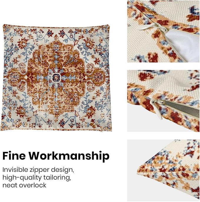 Boho Pillow Covers 20x20 Inch Set of 2,Carpet Pattern Throw Pillows Case,Mustard Yellow Blue Ethnic Design Outdoor Decorative Square Linen Farmhouse Decor Cushion Covers for Home Sofa Bed Couch