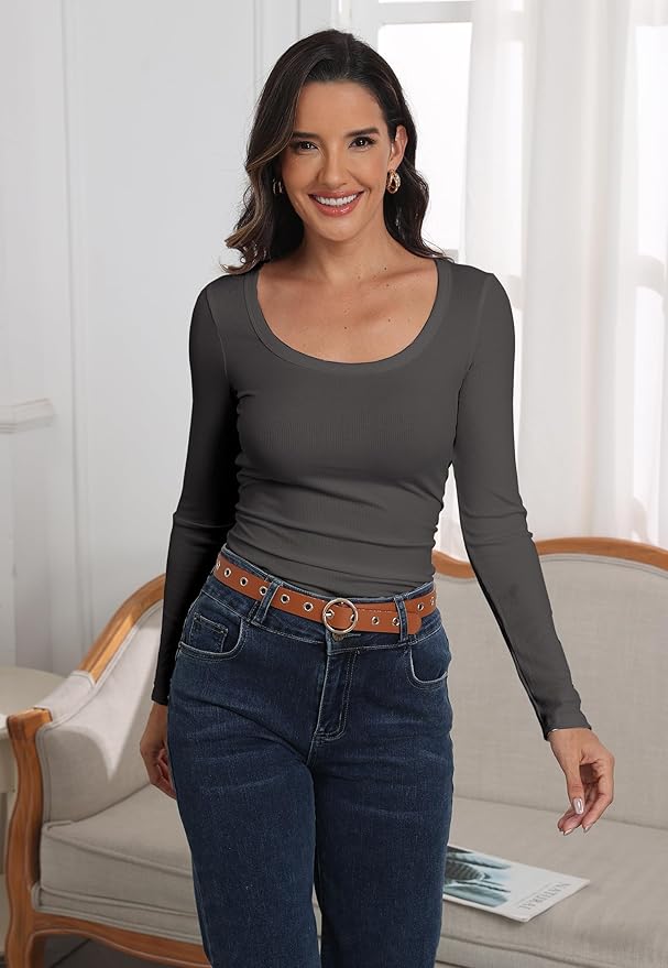 Roselux Womens Long Sleeve Scoop Neck Ribbed Knit Fitted Casual Tops Tee Slim Basic Shirts