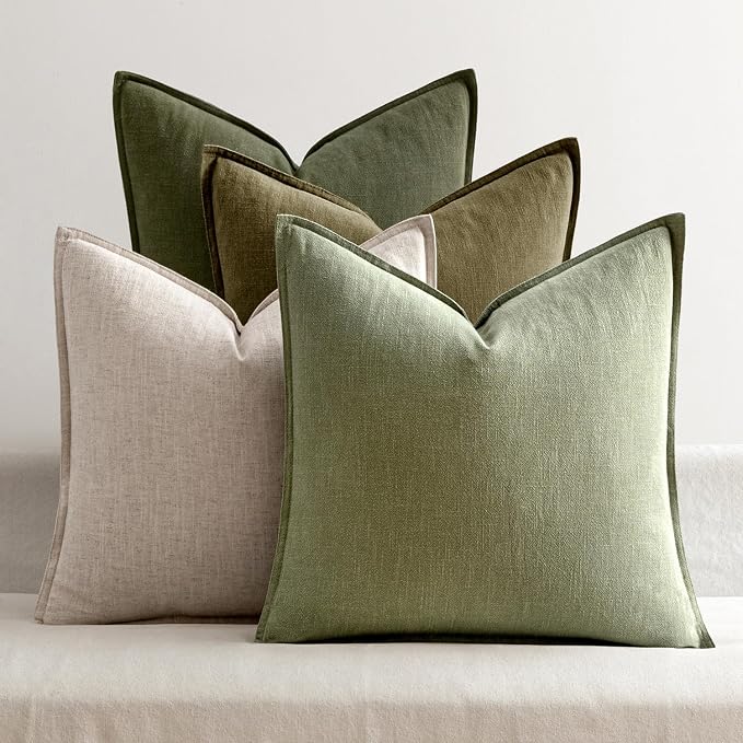 MIULEE Green and White Boho Linen Pillow Covers 20x20 Inch Pack of 4 | Natural Throw Pillow Covers, Soft Farmhouse Couch Pillowcases, Modern Decor for Living Room Bed Sofa
