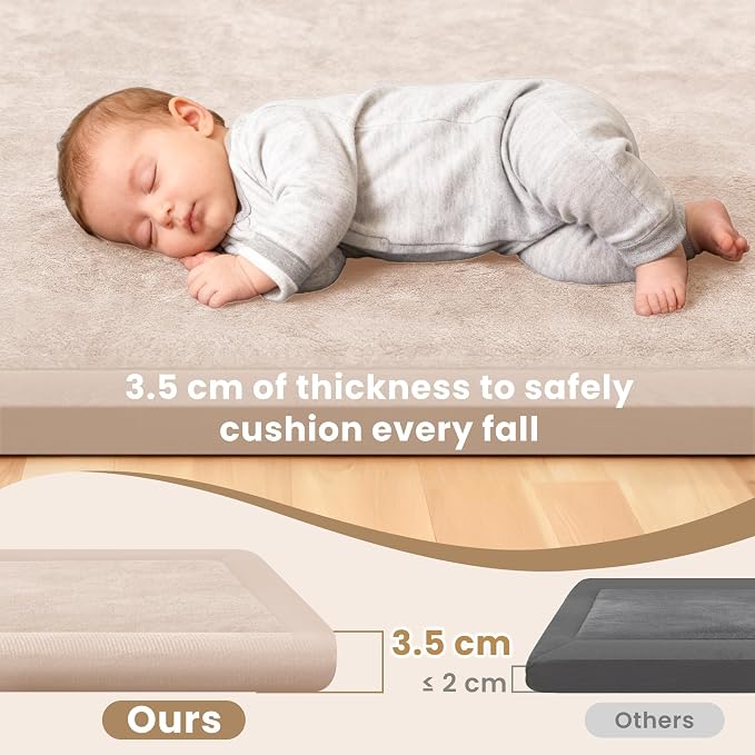 ACOMOPACK Baby Play Mat for Floor 1.3" Thick Memory Foam Play Mat 71"×79" Tummy Time Crawling with Non-slip Bottom for Living Room,Nursery,Soft Velvet Playpen Mats for Kids,Infants（Beige）