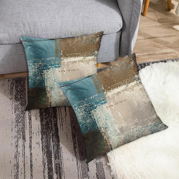 Emvency Throw Pillow Covers Set of 2, 18 x 18 Inch, Abstract Teal Modern | Beige Brown Outdoor Decorative Square Pillow Cases Couch Cushion Case for Couch Bed Sofa Living Room Home Decor