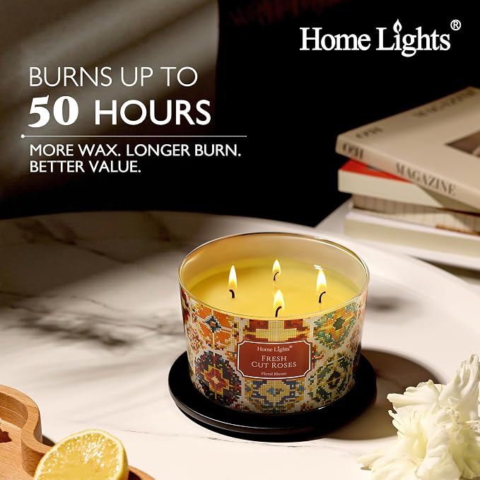 HomeLights 4-Wick Candles for Home Scented - 18oz Soy Wax Blend Candle Long-Lasting Fragrance, Bohemian Natural Textures Home Decor and Housewarming Gifts, Fresh Cut Roses