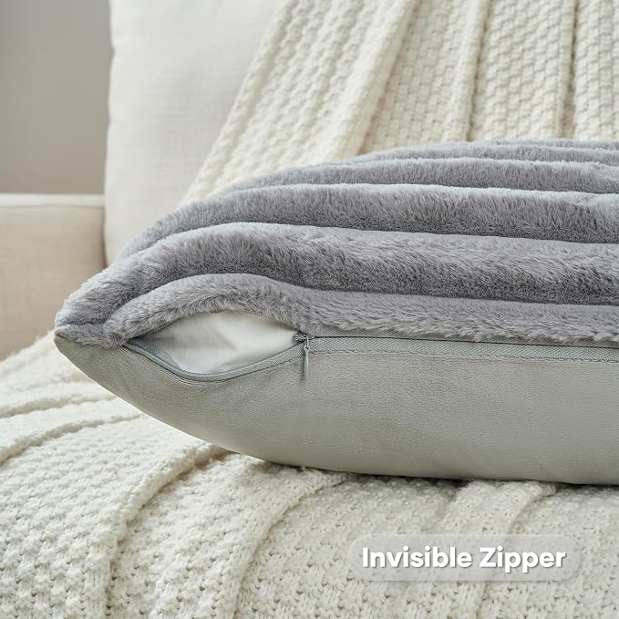 FUTEI Pack of 2 Faux Fur Throw Pillow Covers 18x18 Inch, Grey | Fluffy Faux Rabbit Fur Front/Premium Velvet Back,Hidden Zipper,Machine Washable,Non-Shedding,Colorfast,Insert Not Included.