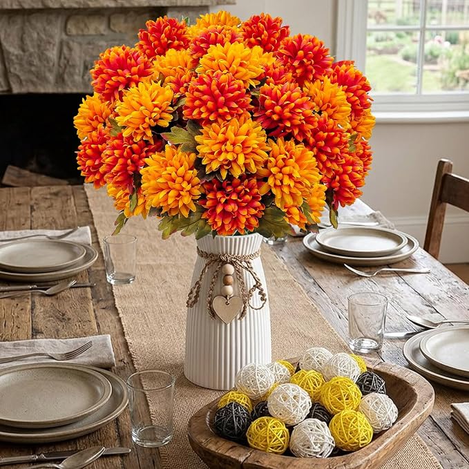 4 Bundles Large Artificial Fall Flowers Faux Mums for Outdoor Planters | Silk Fake Chrysanthemums Bouquet for Home Vase Outside Front Porch Table Floral Arrangement Wedding Autumn Decor