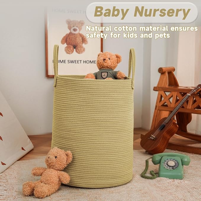 JMvicyroam 60L Cotton Rope Laundry Basket Hamper, Jute | Collapsible laundry basket, reinforced handles, freestanding, machine washable, holds 3-5 thick blankets, clothes or toys