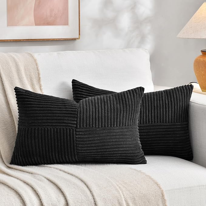 Fancy Homi Set of 1 Black Long Lumbar Decorative Throw Pillow Covers 16x24 Inch for Couch Bed Sofa, Rustic Farmhouse Boho Home Decor, Soft Striped Corduroy Rectangle Accent Cushion Case 40x60 cm