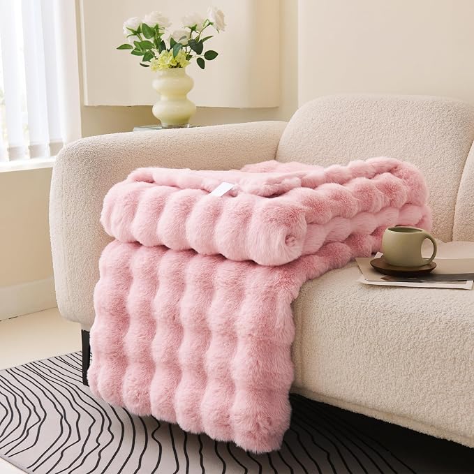 Comelady Soft Fluffy Faux Fur Throw Blanket 50"x60", Bubble Plush Texture | Light Pink Thick Fuzzy Throw, No-Shedding, Aesthetic & Cozy for Couch Bed Room Decor, Warm Gift for Women Girls
