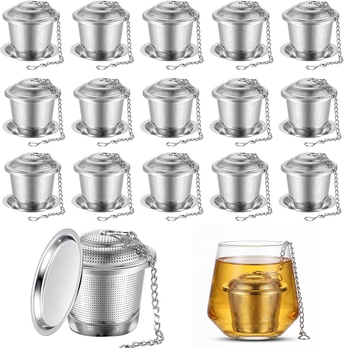 Zopeal 15 Pcs Tea Infuser Stainless Steel Strainer with Extended Chain Hook and Saucer Loose Leaf Steeper Fine Mesh Ball Tea Filter for Brew Spices Seasonings Fits Cup Mug Bottle (Medium)