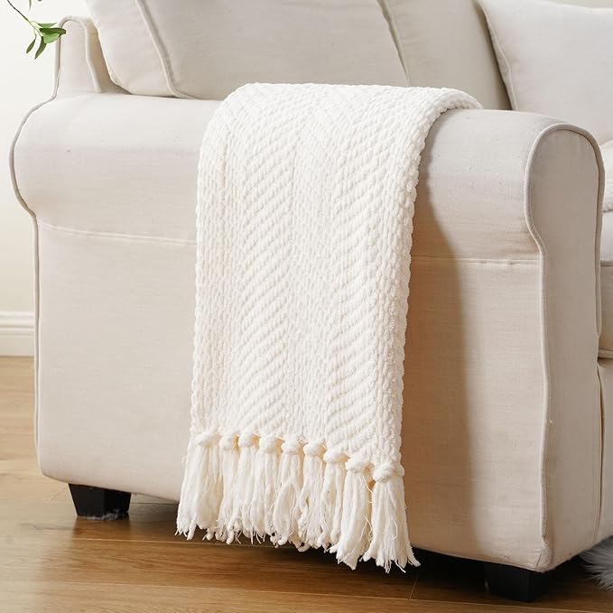 BATTILO HOME Cream Throw Blanket for Couch, Knit Throw Blanket, 50"x60" | Ivory Throw Blanket for Bed, Warm Decorative White Blanket Throw for Home Decor