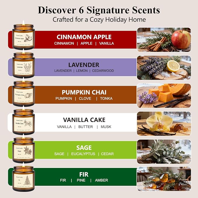 6 Pack Candles for Home Scented,Long Lasting Soy Candles for Home,Holiday Scented Candle Gift Set with Cinnamon Apple,Pumpkin Chai&Vanilla,Natural Aromatherapy Candles,Holiday Gifts for Women