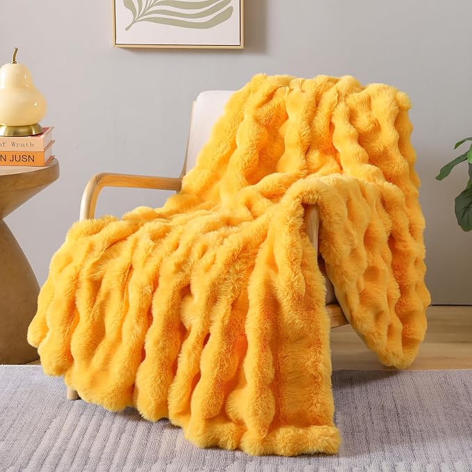Faux Fur Throw for Couch - Mustard Yellow Bubble Blanket 50"x60" | Fluffy Plush Fuzzy Throw for Sofa & Bed, Super Soft Cozy Comfrt Blanket, Luxury Aesthetic Yellow Decor Gift for Women