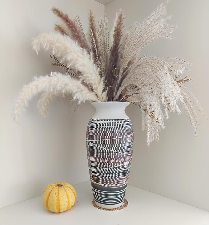 12.6" Tall Vintage Ceramic Rustic Farmhouse Vase (Full Skipcut Brown) | Large Boho Textured Flower Vases for Home Decor, Living Room, Table, Mantel, Shelf