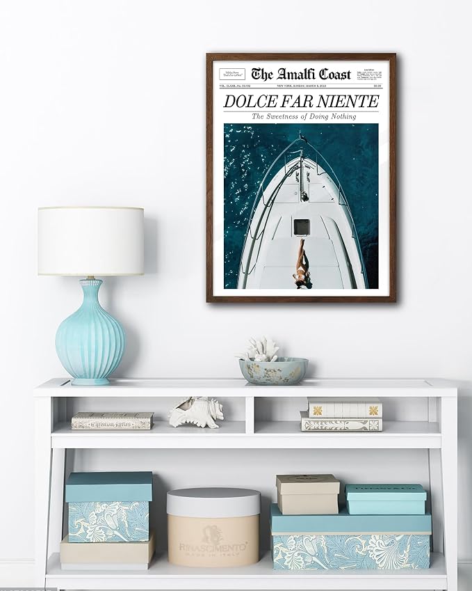 EcoHest 12x16 in Dolce Far Niente Newspaper Framed Wall Art | Walnut Color Solid Oak Frame, Canvas Wall Art, Italian Summer Newspaper Decor for Living Room, Bedroom, Apartment, Dorm,1Pack