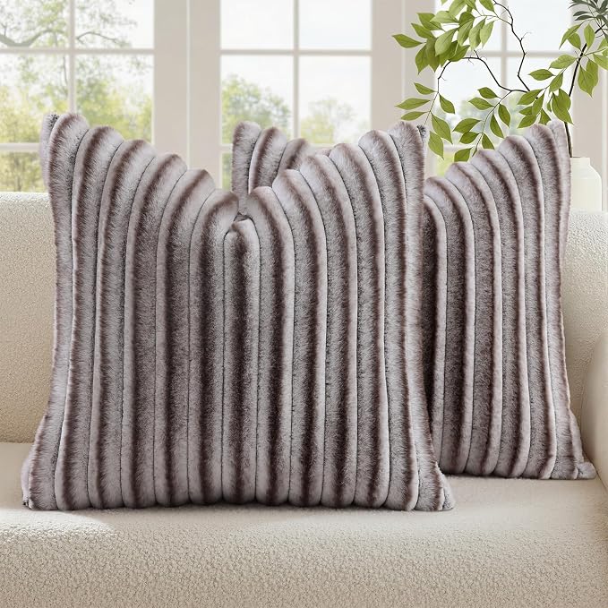 decorUhome Fall Faux Fur Throw Pillow Covers 24x24 Set of 2 Brown White | Decorative Soft Cozy Striped Plush Modern Farmhouse Boho Couch Pillow Cases Velvet Back for Sofa Bed Living Room Home Decor