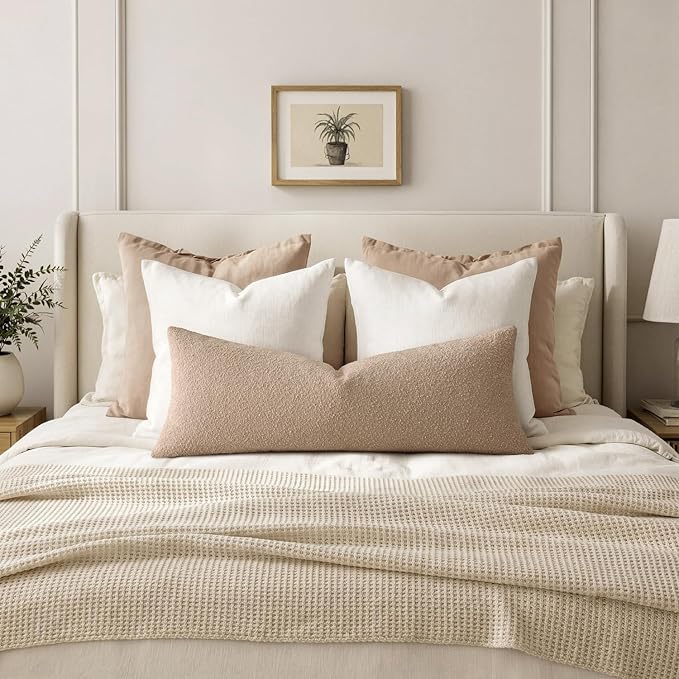 MIULEE Textured Boucle Lumbar Pillow Cover for Bed 14x36 Khaki | Pack of 1 Textured Neutral Couch Throw Pillow Cover, Accent Solid Long Body Pillowcase, Sofa Living Room Home Decor