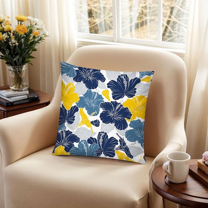 Navy Yellow Linen Throw Pillow Covers 18x18 Set of 6, Daisy Floral Decor | decorative daisy dahlia, Botanical floral, Standard Throw Pillow Size, Breathable Linen, Spring Couch Sofa Living Room