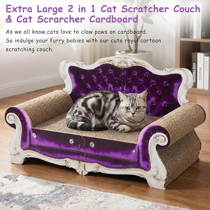 Luxury Cardboard Cat Scratcher Sofa Bed, Couch Shaped Cat Scratching Board, Cat Scratch Lounge with Catnip, Cat Scratcher for Indoor Cats (Purple Crown)