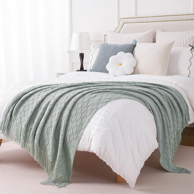 BATTILO HOME Sage Green Throw Blanket for Couch, Light Blue Knit Throw Blanket, Decorative Textured Sage Throw for Home Decor, 50"x60"