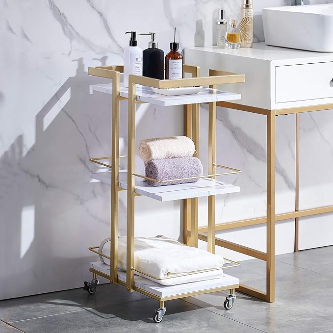 BarberPub Utility Salon Trolley, Metal Storage Rolling Barber Trolley with Wheels, Golden Esthetician Cart, Multi-Purpose 3-Tier Mobile Facial Trolley, Nail Cart 2033 (White)