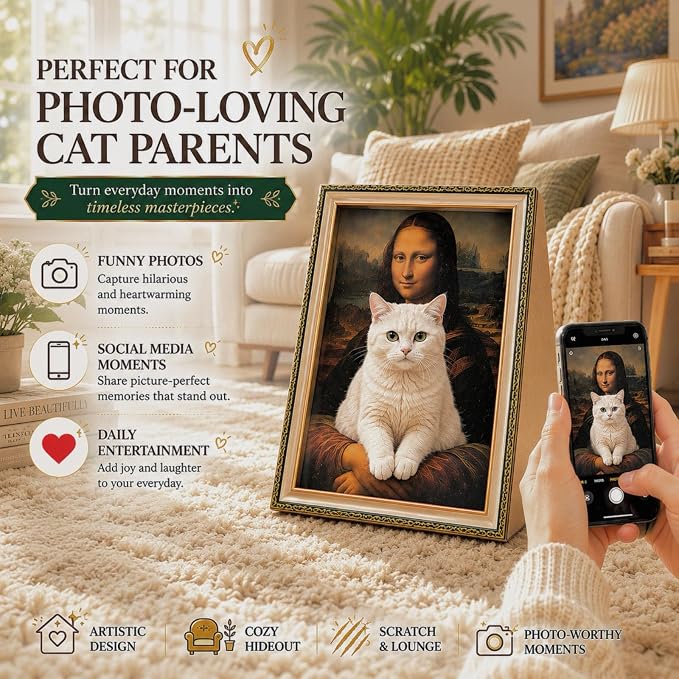 Mona Lisa Cat Bed 3-in-1 Cardboard Cat House with Scratching Pad & Cozy Hideout, Artistic Cat Furniture for Indoor Cats, Decorative Cat Condo for Home Décor Easy Setup, Novelty Gift for Cat Lovers